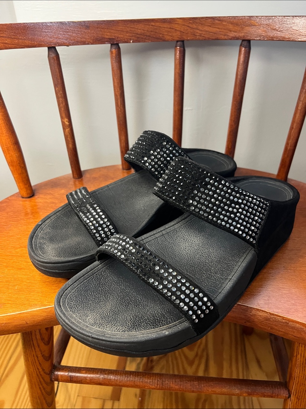 FitFlop Lulu Maxi-Crystal Two-Bar Slide Sandals Black Crystal Slides Size 9